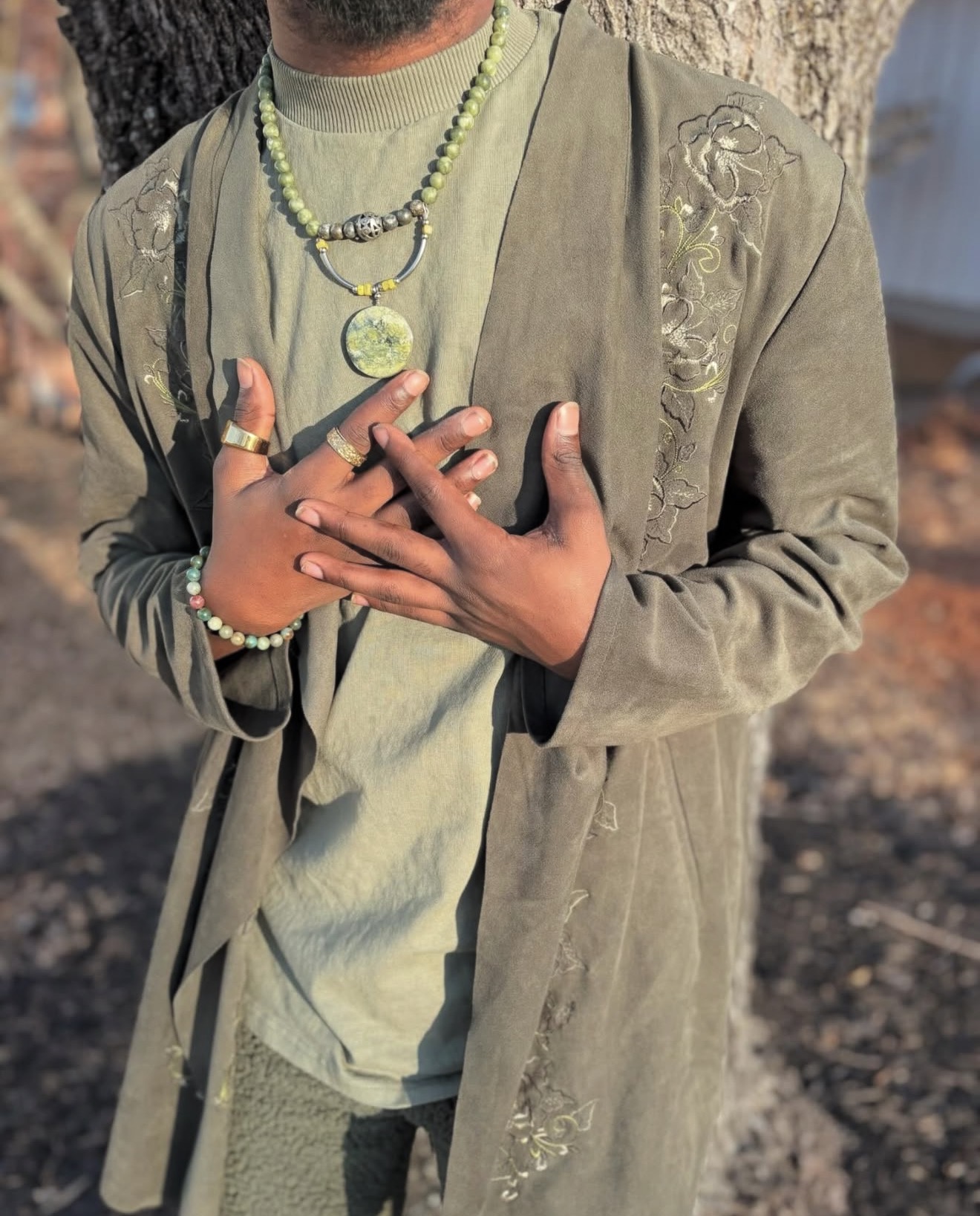Cyrus hands resting on chest with jade pendant, embroidered green robe